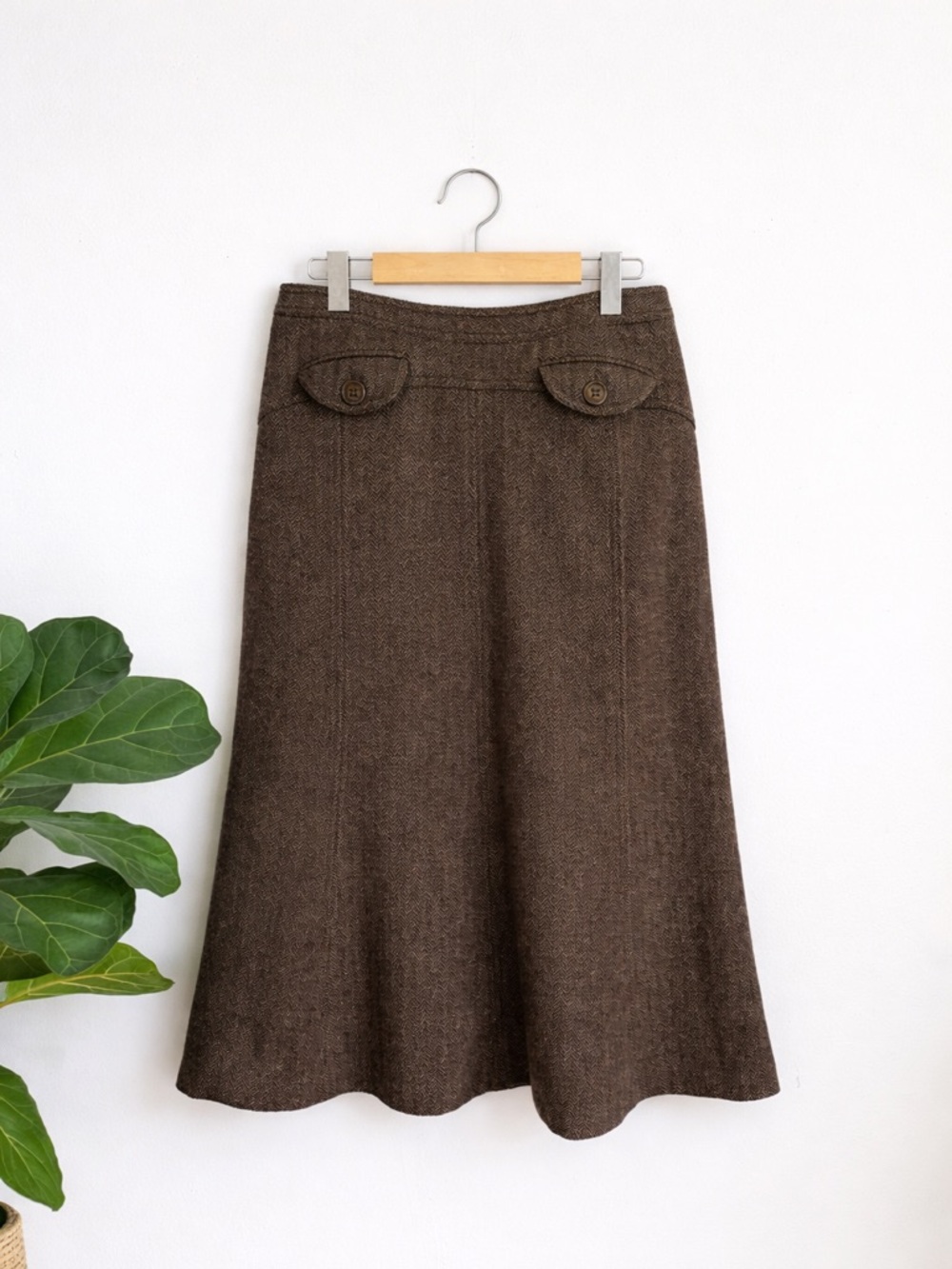 Max Mara Weekend 100% Wool A-Line Skirt Brown Herringbone Midi Size 6